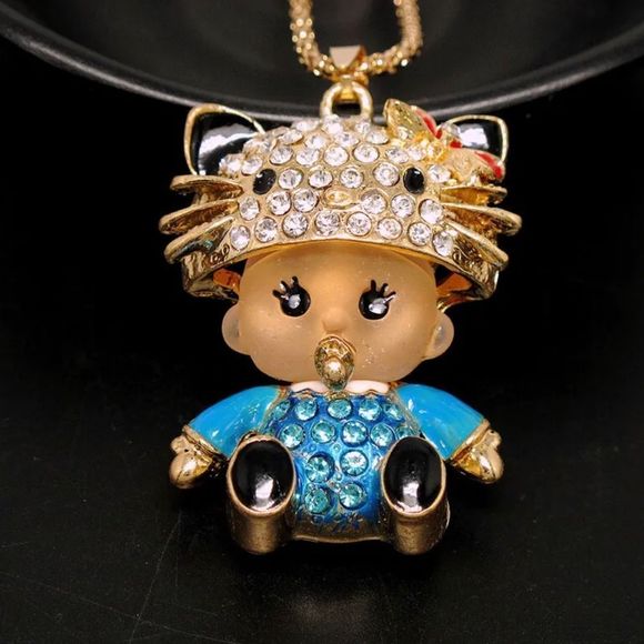 Blue Crystal Resin Kitty Cat Head Baby Pendant Necklace NWOT - Picture 2 of 3